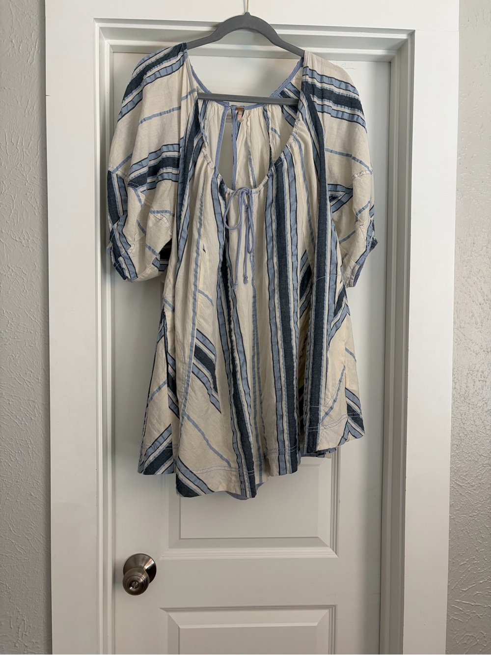 Free People Cream and Blue Striped Jumpsuit Bop Around Romper